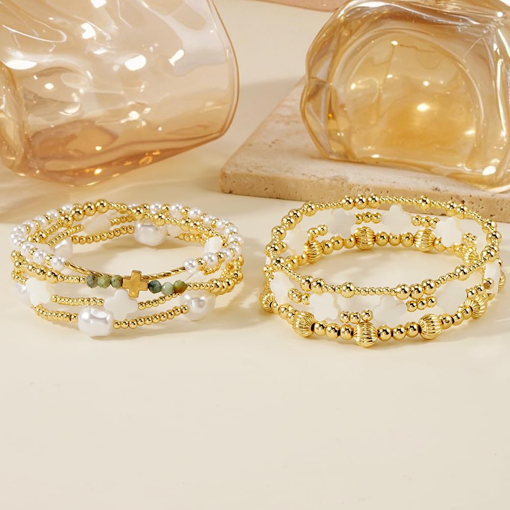 SHINUS BOHO 14K Gold Beaded Colorful Clover Bracelets Stack for Women,7PCS Bohemian Cross Pearl Beads Stackable Stretch Bracelet Set Fashion Birthday Prom Jewelry Accessories Gift Friendship Sister