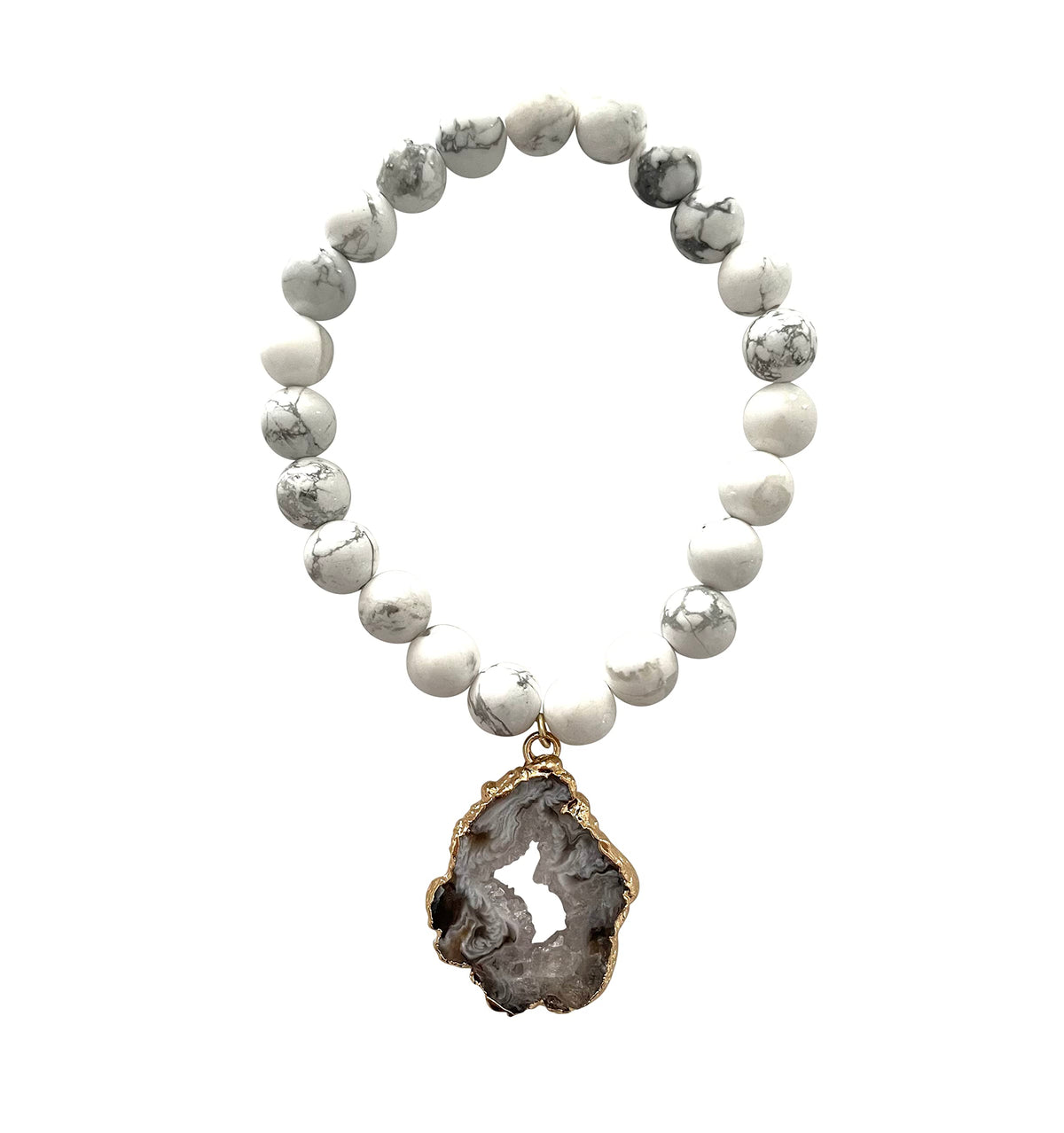T. VICTORIA White Howlite Natural Crown Chakra Healing Anxiety Beaded Agate Slice Charm Gemstone Bracelet 7"