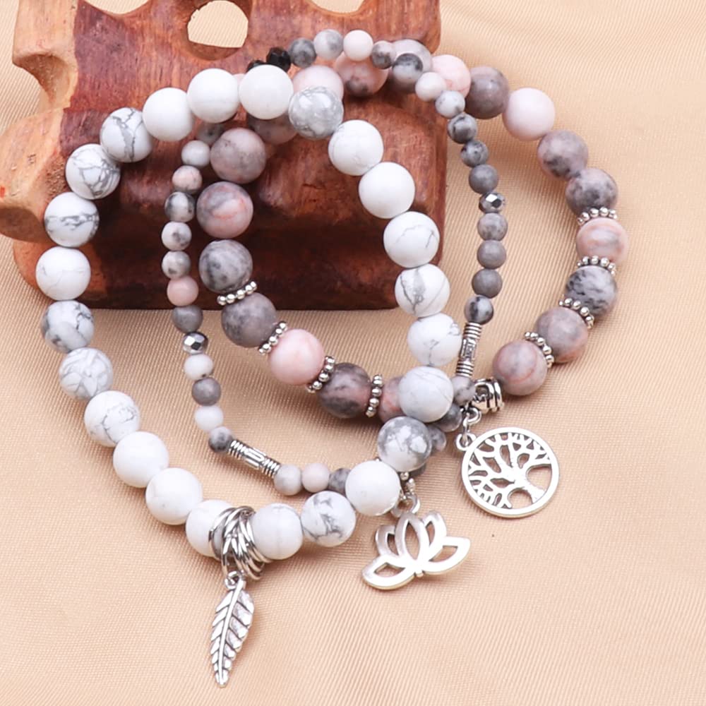 UEUC Tree of Life Yoga Healing Bracelets, Multilayer Lotus Chakra Reiki Bracelet Sets, Anxiety Crystal Natural Stone, for Women Stress Relief (Pink Leopard + White Turquoise)
