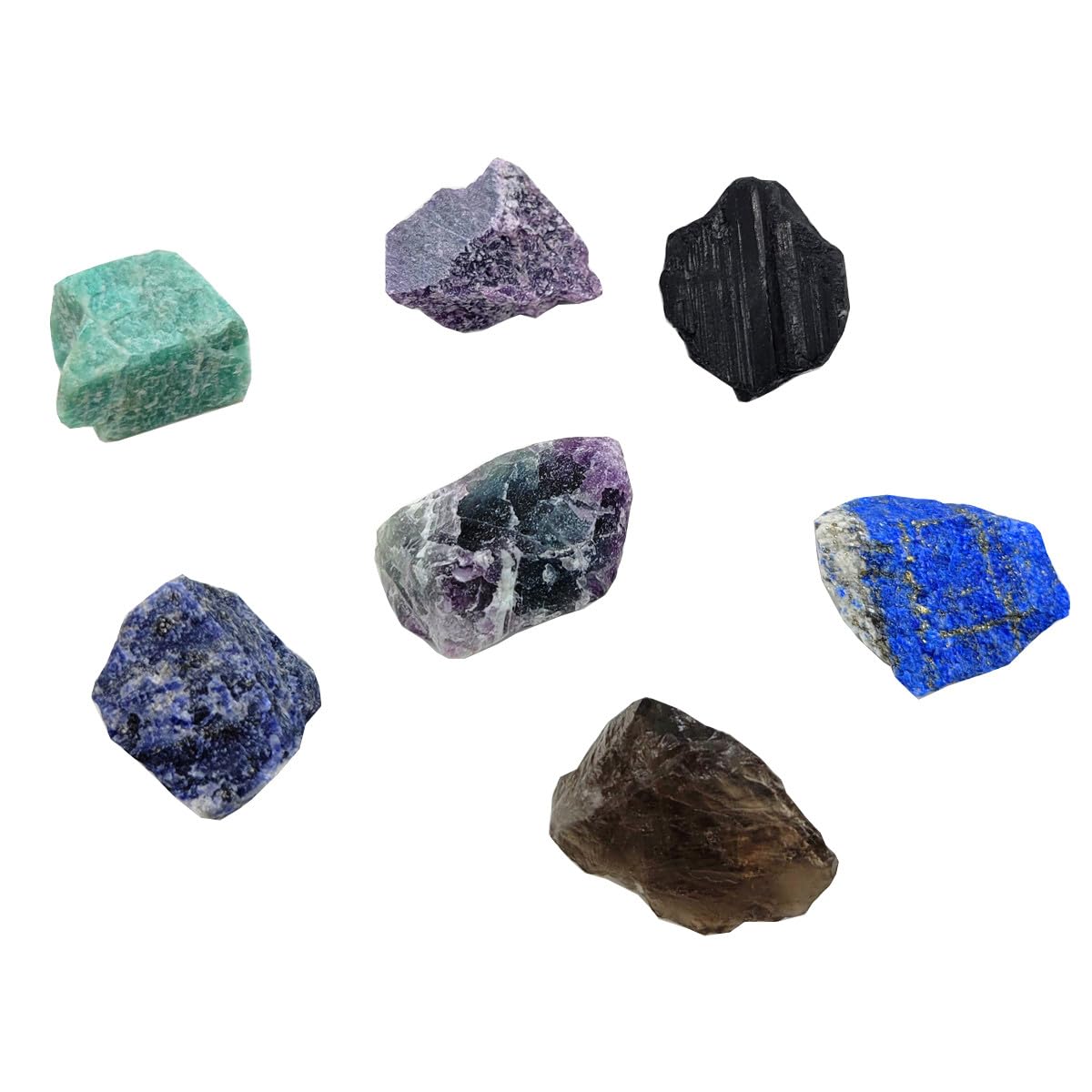 7Pcs Energy Crystals for Home Protection Raw Crystals Set of Smoky Quartz,Fluorite,Black Tourmaline,Lepidolite,Lapis Lazuli,Sodalite,Amazonite(Crystals for Home Protection)