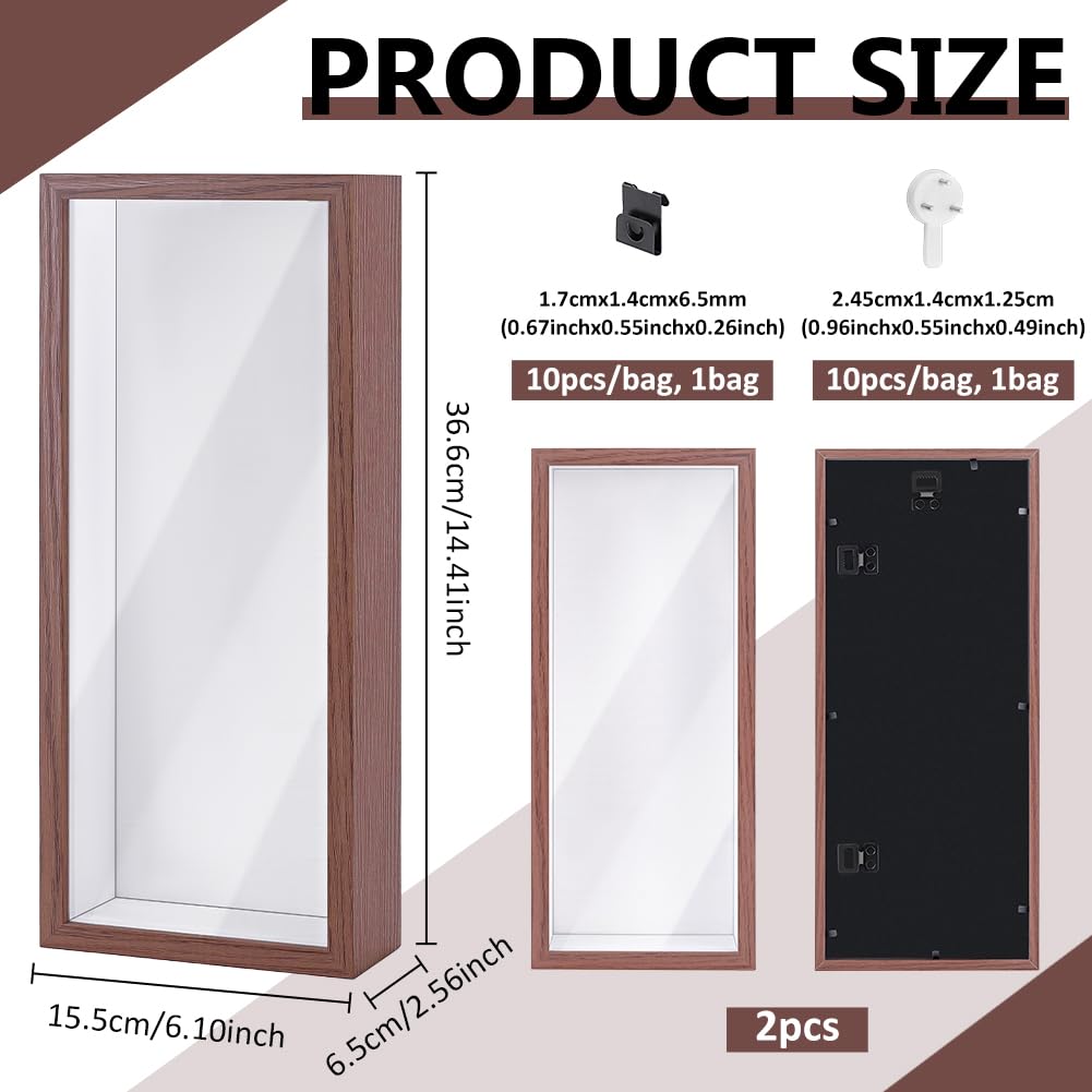 INTERWARM 2Pcs Shadow Box Display Case, 14.4x6.1x2.56Inch Rectangle MDF Shadow Box Frame with Nail Hangers and Hook for Mother's Day Awards Memorabilia Flower Pictures Keepsakes Medals(Camel)