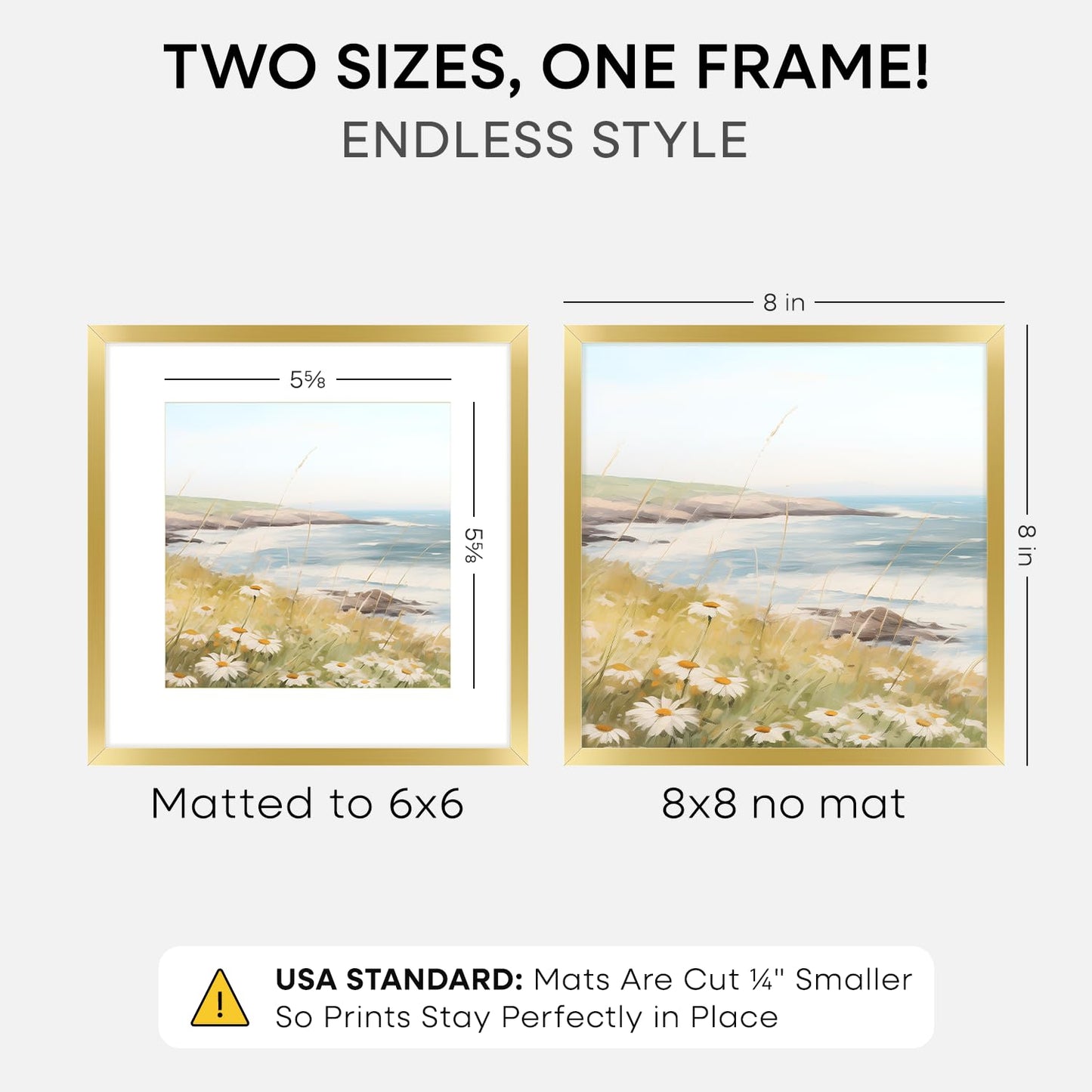 Homeforia 8x8 Picture Frame Gold, High End Metal 8 x 8 Square Photo Frames with Mat 6 by 6, 8x8 Poster Frame Matted to 6x6 inches Print, 8by8 Wall or Tabletop Frame, Tempered Glass, Wall Kit, Set of 1