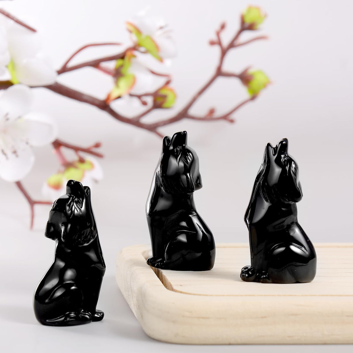 Artistone Black Obsidian Wolf Statue 2" Howling Wolves Figurine Ornament for Home Decor Healing Crystal Animal Sculpture with Gift Box