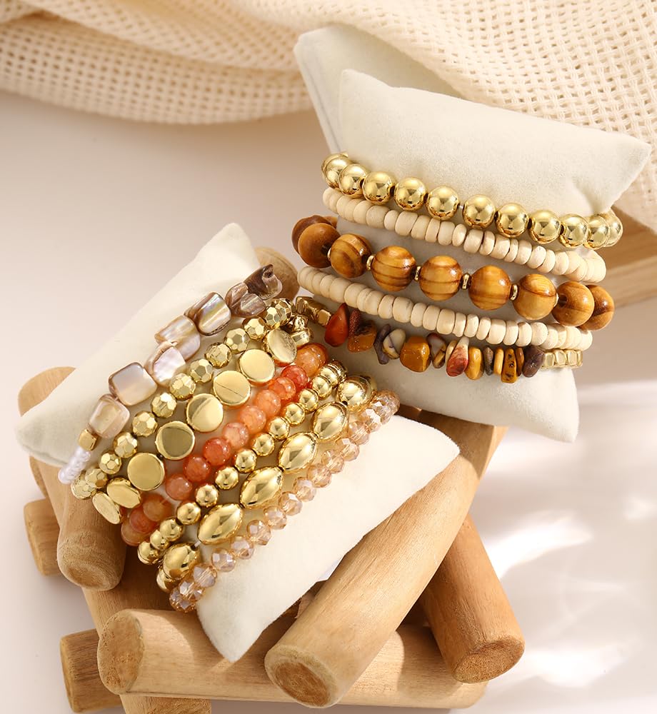iF YOU 12 Pcs Boho Beaded Bracelets for Women, Brown Bohemian Stackable Gold Bead Stretch Bracelets Stack Beach Jewelry Gift (Brown-12 pcs)