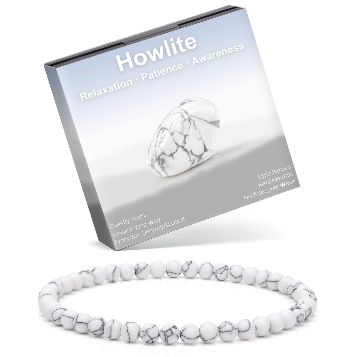 Risyfjew 4MM Handmade Howlite Natural Gemstone Stretch Elastic Bracelet,PE Film Anti-oxidation Packaging Natural Stone Crystal Healing Power Energy Gifts for Adult