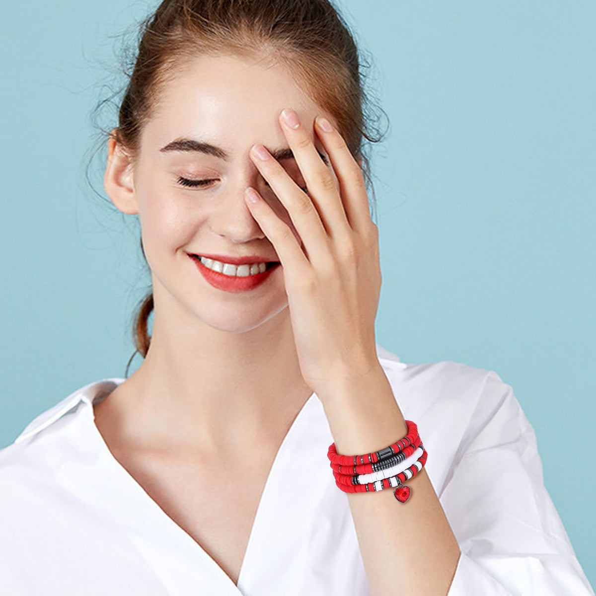 GOOJIDS Red Surfer Heishi Clay Bead Bracelets for Women Bohemian Stackable Gold Beaded Stretch Bracelets Elastic Layering Friendship Bracelets Set Boho Jewelry