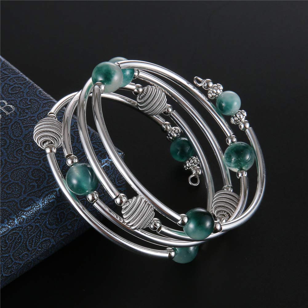 PEARL&CLUB Beaded Chakra Bangle Turquoise Bracelet - Fashion Jewelry Wrap Bracelet with Thick Silver Metal and Mala Beads, Birthday Gifts For Women(63-Jade Green)