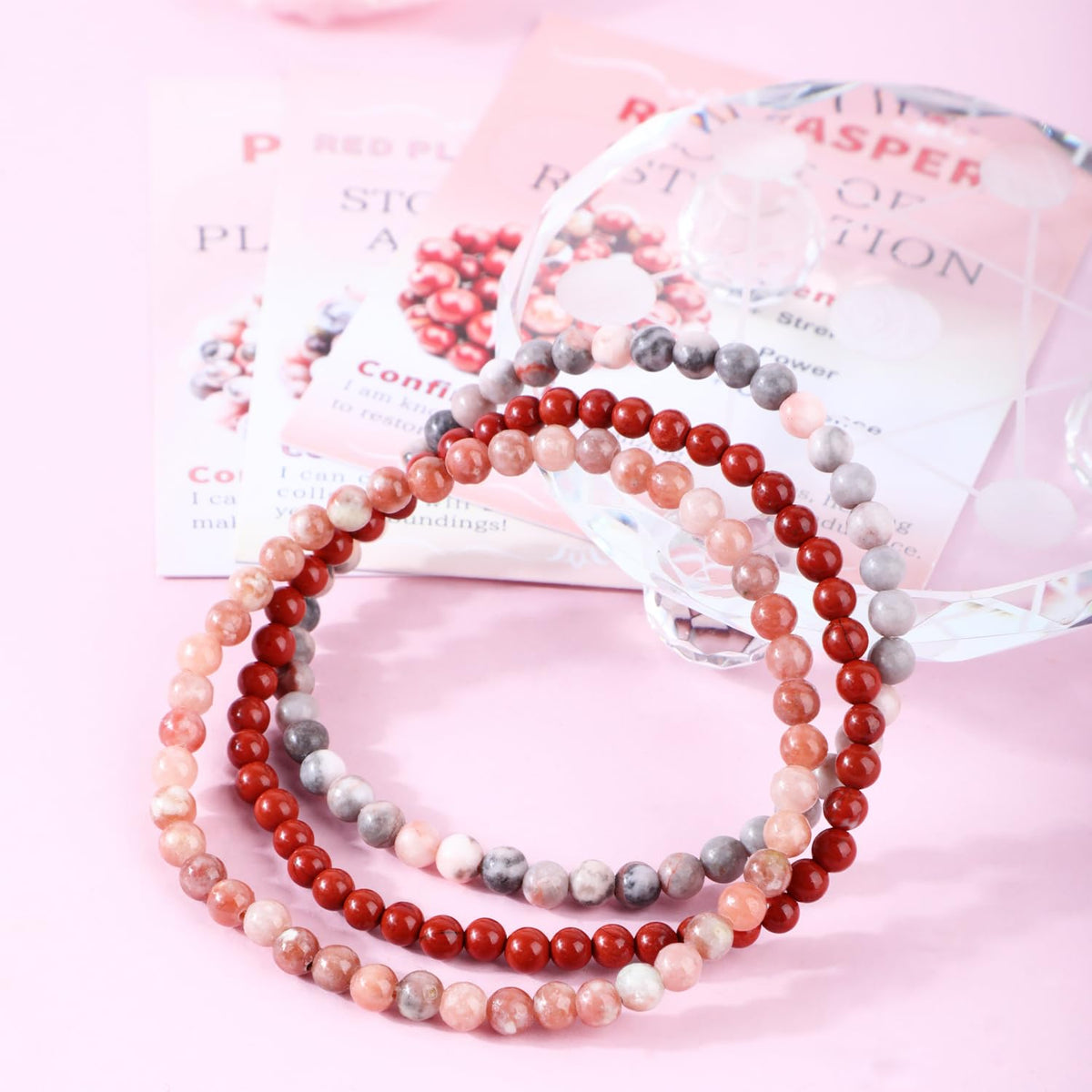CMBYN 3-Pieces 4mm Natural Crystal Gemstone – ﻿Pink Zebra, Red Jasper, Red Plum Blossom Stone Handmade Reiki Energy Healing Stretch Bracelets Jewelry for Yoga, Meditation, Unisex