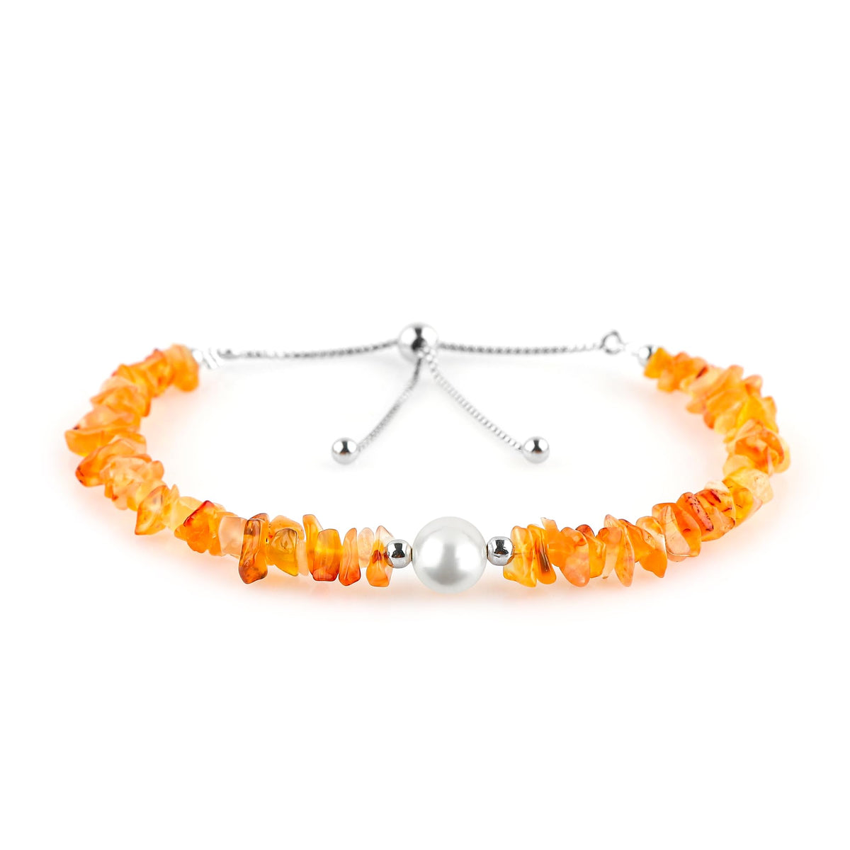 CRYSTALIS Natural Carnelian Beads Slider Bolo Bracelet with Elegant Pearl, Uncut Chips Nuggets Crystals, Chakra Healing Gemstone, Women Jewelry, 925 Sterling Silver Slider 10 inch
