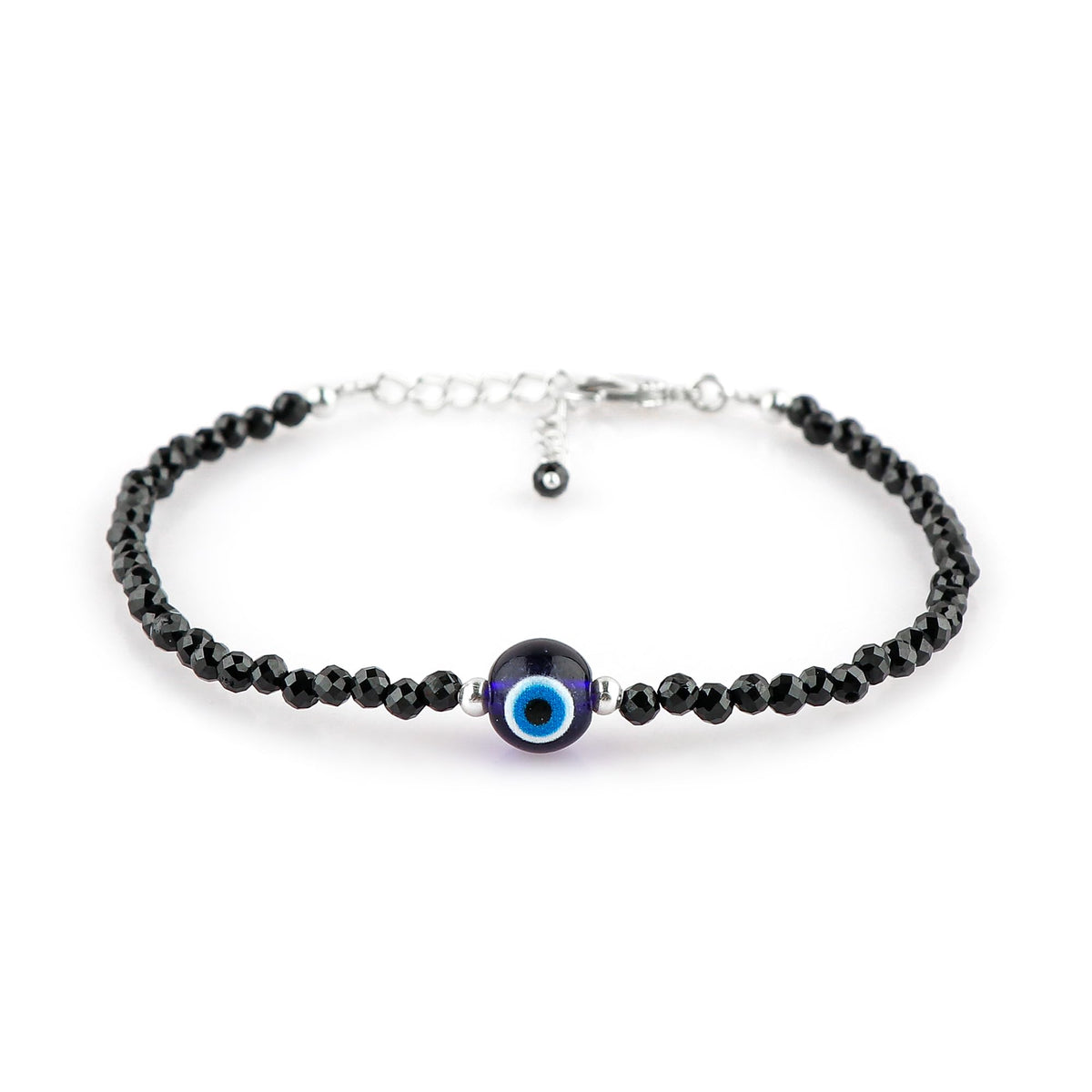 CRYSTALINES Natural Black Spinel Gemstone Bracelet, Faceted Beads Stones, Handmade Hypoallergenic Boho Jewelry for Women, Healing Crystals, Adjustable Silver Plated 7+1inch, Birthday Evil Eye Gift