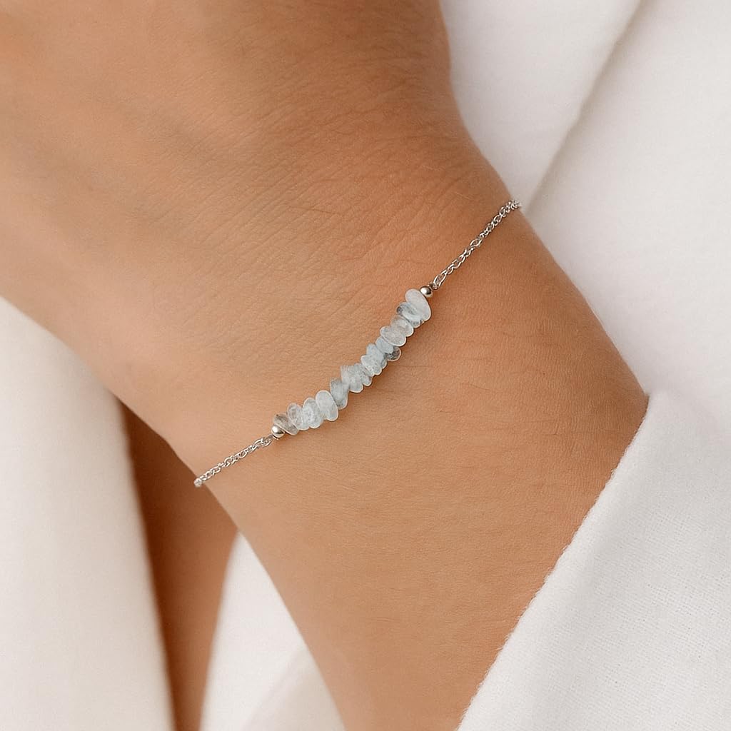 Gemimpression Handmade Clear Quartz Chips Bar Bracelet – Natural Energy Healing Crystals – Silver Plated Adjustable 8 Inch Chain – Christmas Gift