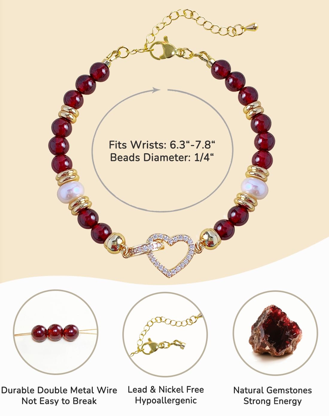 YEETONDA Four Leaf Clover & Heart Natural Gemstone Rainbow Bracelets Jewelry 16th 21st 30th 40th 50th 60th 70th 80th Birthday Gifts For Women Mom Sister Friend Daughter Niece(Garnet)