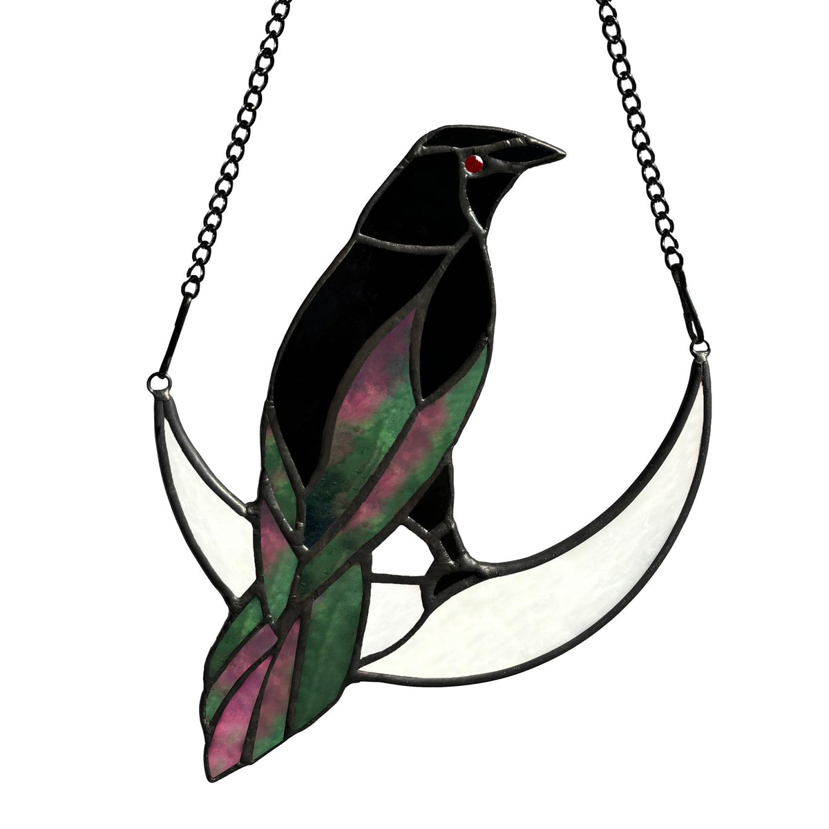 Lcensp Stained Glass Crow on Moon Decor Window Hangings Ornament, Gothic Raven Suncatcher Halloween Decorations, Handmade Crow Birds Gifts Sun Catchers Indoor Window Home Decor.