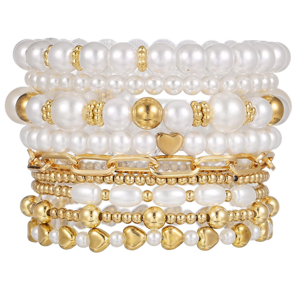 KZL Chunky Imitation Pearl Stackable Stretch Bracelet Set for Women 14K Gold Plated Beaded Stack Bracelets Layered Pearl Elastic Bracelets Wedding Jewelry Gifts-Style 1