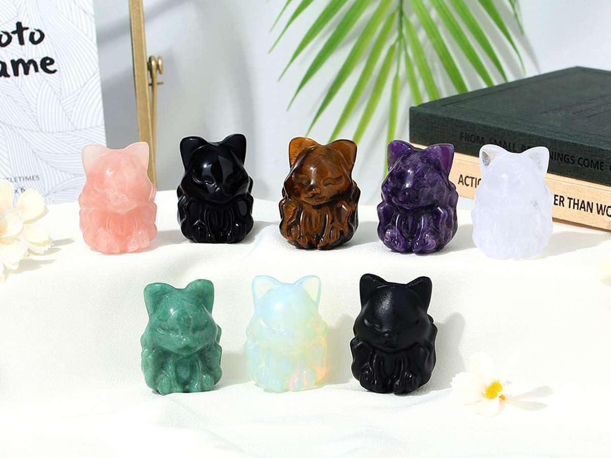 LAIDANLA 2" Matt Obsidian Fox Figurine Healing Crystals Black Fox Statue Hand Carved Natural Gemstone Polished Reiki Spiritual Pocket Animal Sculpture Home Office Room Desk Decor