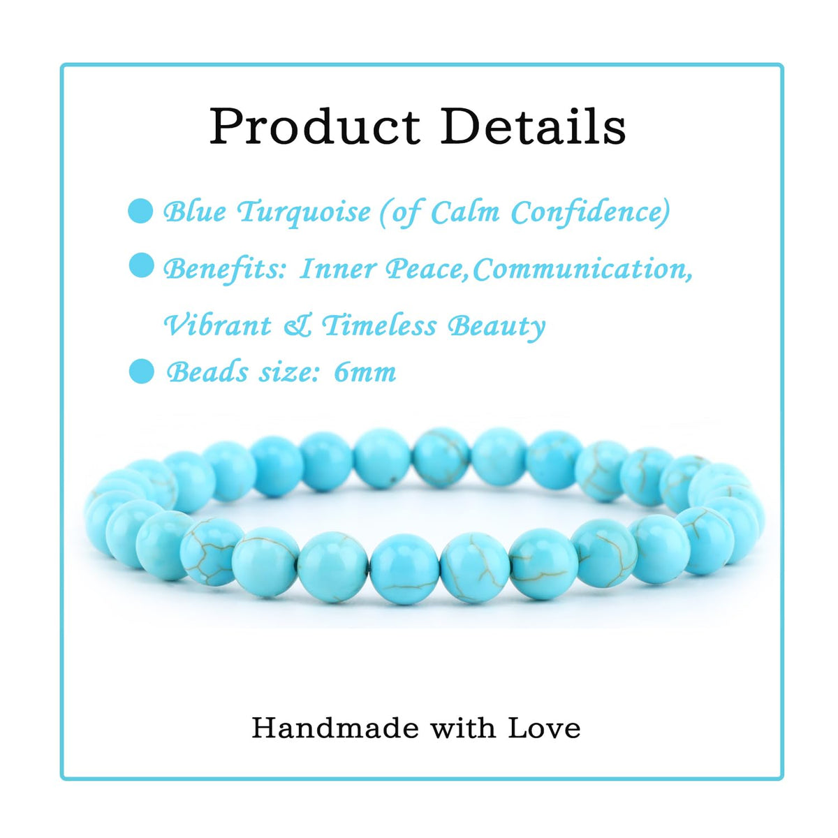 Bymitel 6mm Blue Turquoise - Handmade Reiki Gemstone Stretch Bracelet, Natural Beauty & Spiritual Essence, Crystal Healing for Unisex Adults