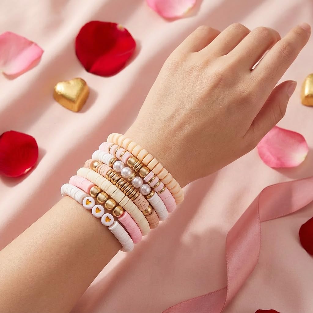 YEOSMINE Boho Heishi Clay Beaded Stretch Bracelets Stack For Women, Preppy Teens Friendship Gold Bracelets Cute Beach Surfer Accessories Bulk Set Trendy Fashion Jewelry