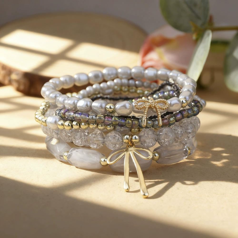 ChungLong0593 Cute Bow Charm Stackable Beaded Bracelet Set - Layer Pearl & Crystal Stretch Bracelets for Women, Sweet Multi-strand Boho Bracelet Jewelry (Gray)
