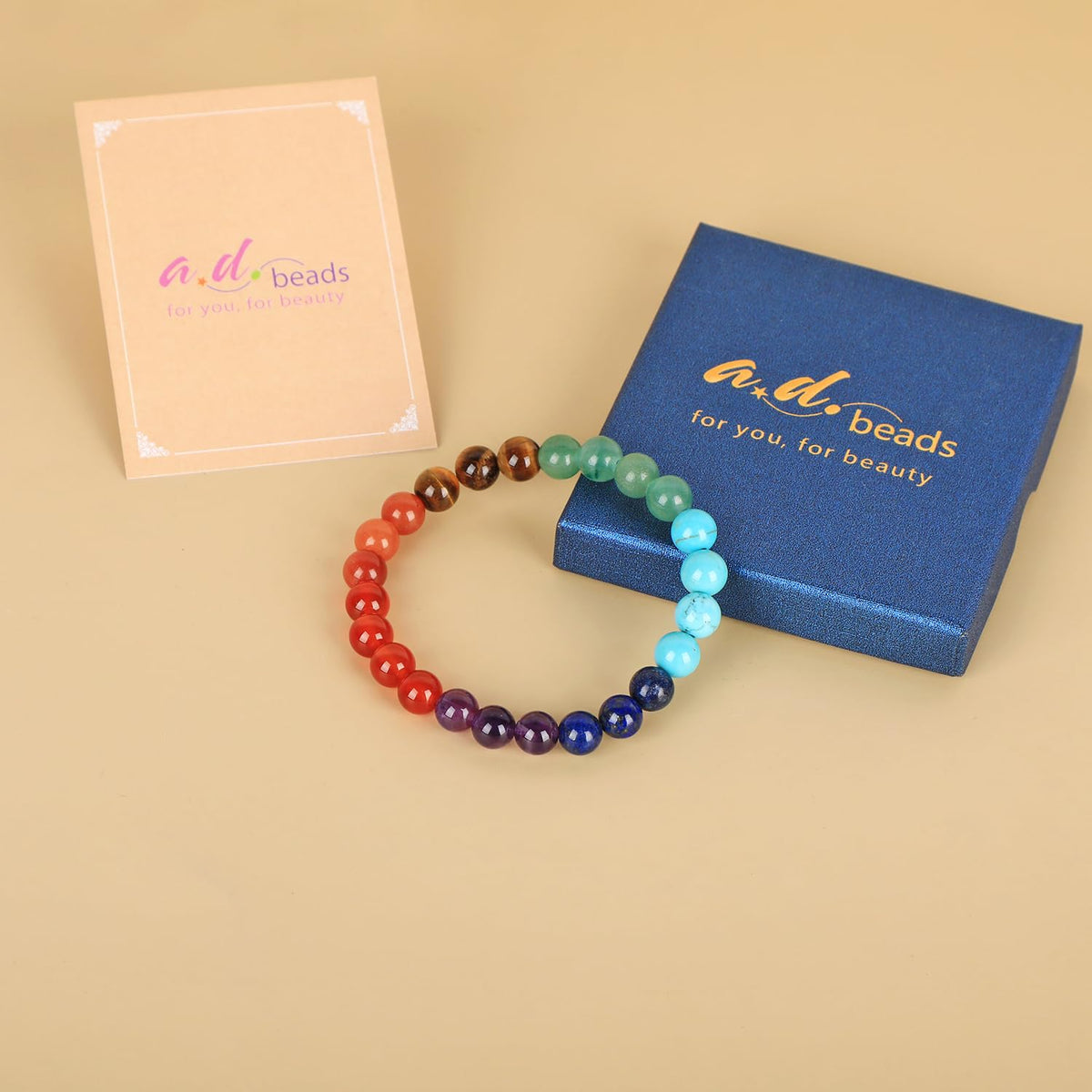 AD Beads Handmade Gemstone Stretch Elastic Bracelet Crystal Healing Reiki Nature's Beauty and Spiritual Essence Unisex (8mm, Seven Chakra Stones (Energy Balancing))
