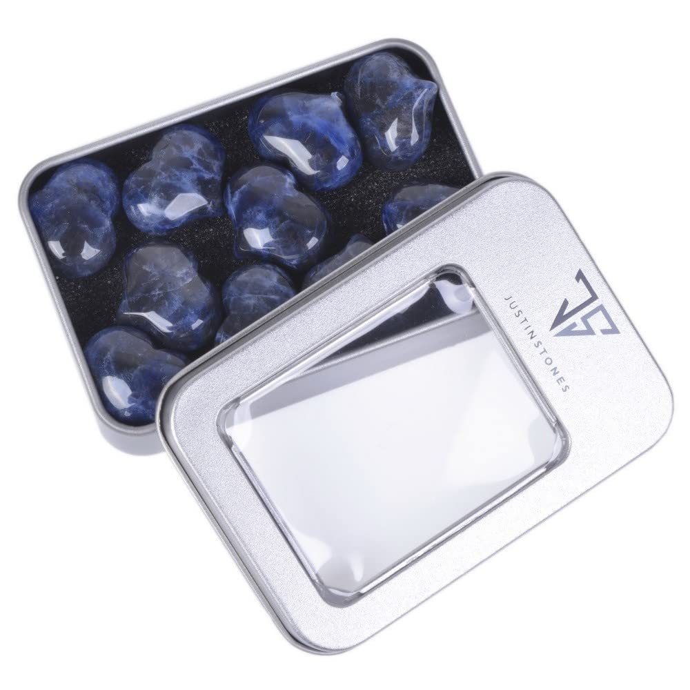 Natural Sodalite Gemstone Healing Crystal 1 inch Mini Puffy Heart Pocket Stone Iron Gift Box (Pack of 10)