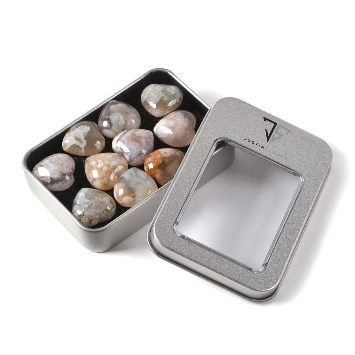 Natural Sakura Agate Gemstone Healing Crystal 0.8" Mini Puffy Heart Pocket Stone Iron Gift Box (Pack of 10)