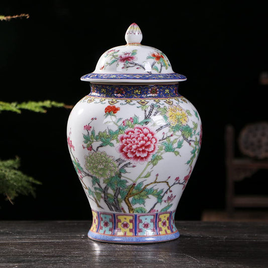 Ceramic Jar with Lid for Home Decor Traditional Chinese Flowers and Birdstemple Handcrafted Porcelain Vase