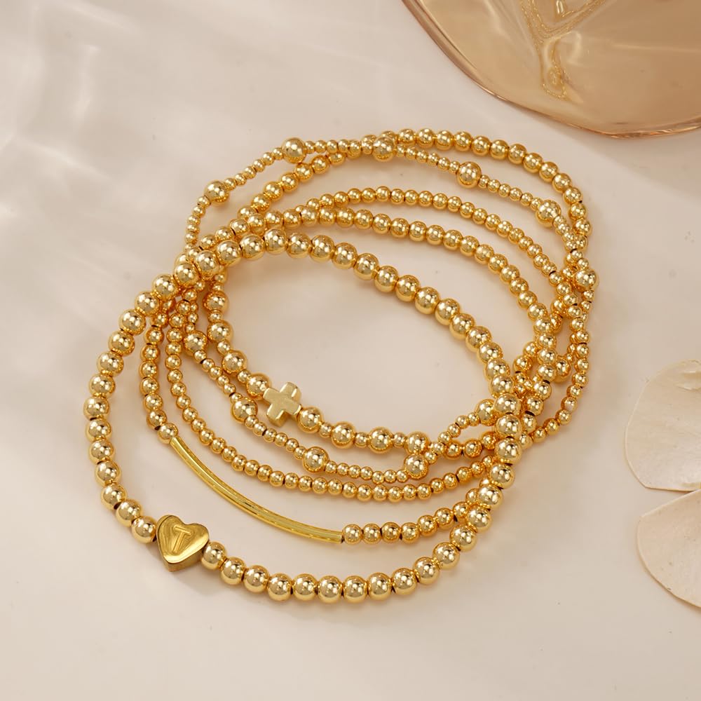 14K Gold Cross Beaded Initial Bracelet Stack for Women,Dainty Stretch Gold Plated Letter “T” Stackable Bracelets Bohemian Layered Prom Party Accessories Jewelry Gift Friendship
