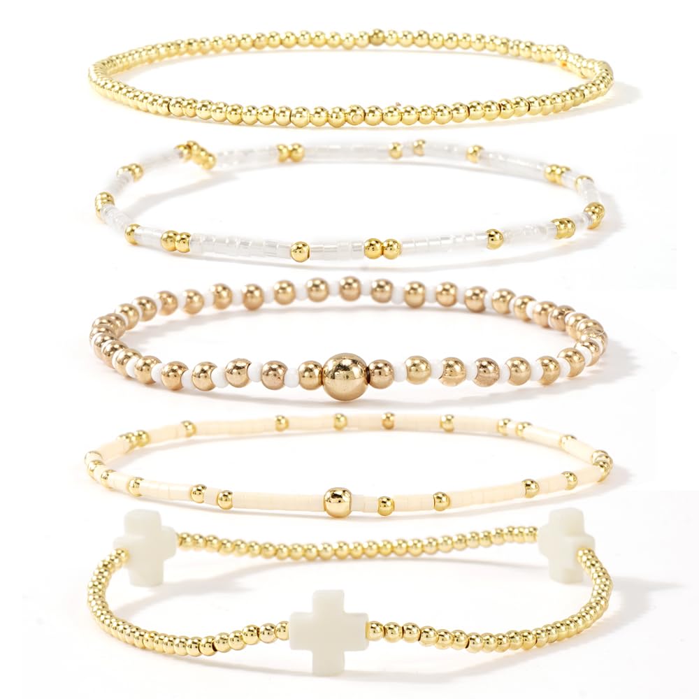 Bohxantium Gold Beaded Stretch Bracelets Stack for Women - 14k Gold Stackable Elastic Cross Bracelet, White Waterproof Stretchy Seed Beads Jewelry Christian Faith Friendship Summer Beach Mothers Day Gifts