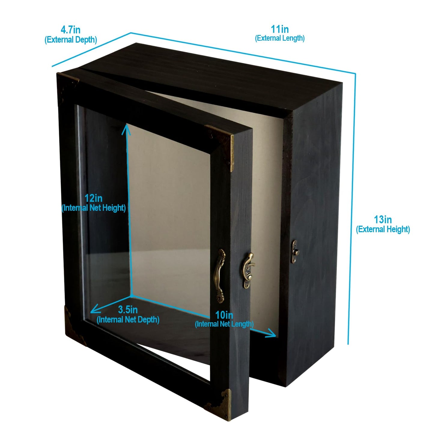 KAASTHAA Shadow Box Frame 11x13, Depth 5in Shadow Boxes Display Cases, Acrylic Door, Rustic Burnt Wood, Vintage Metal Accents, Hinged Door, Metal Handle and Latch, Linen Back