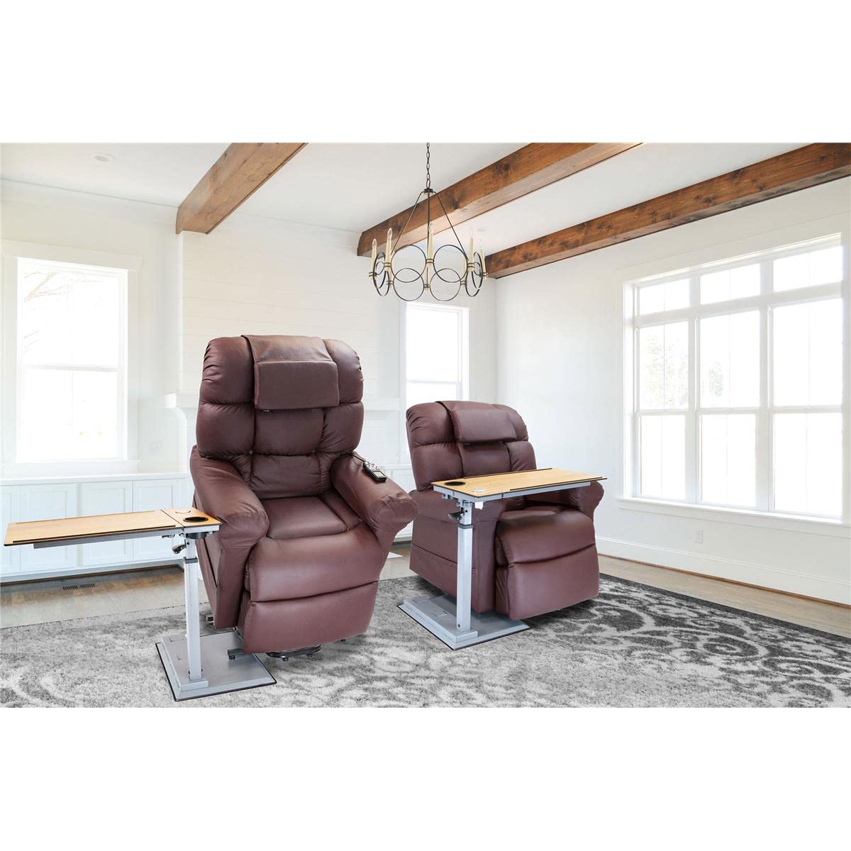 WiseLift Table – 360° Swivel – Up to 45° Tilt – Height Adjustable – Built-in Cup Holder and 3 USB Charging Ports (Wood)
