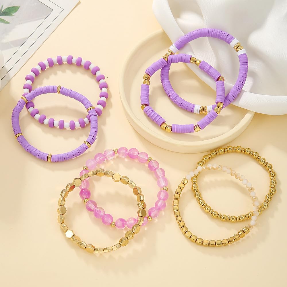 YEOSMINE Boho Heishi Clay Beaded Stretch Bracelets Stack For Women, Preppy Teens Friendship Gold Bracelets Cute Beach Surfer Accessories Bulk Set Trendy Fashion Jewelry