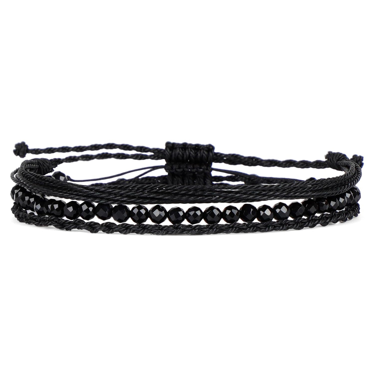 QOGIR Handmade Healing Bracelets,4mm Natural Faceted Black Onyx Gem Stone Beads Bracelet for Men Women Gifts with 2PCS Size Adjustable Rope Bracelets
