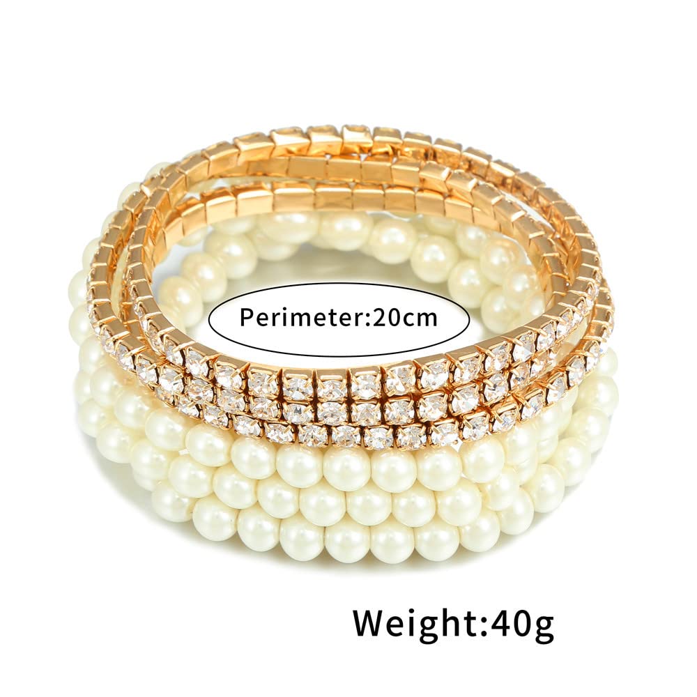 COLORFUL BLING Women Multilayer Temperament Imitated Pearl Stackable Strand Bracelets Beaded Seed Heart Rhinestone Crystal Stretch Bracelet Wedding Wrist Jewelry-zircon