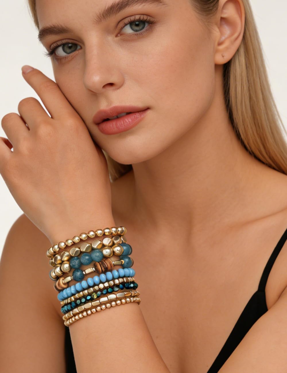 iF YOU 12 Pcs Boho Beaded Bracelets for Women, Brown Orange Bohemian Stackable Gold Bead Stretch Bracelets Stack Jewelry Gift (Blue beaded bracelets)