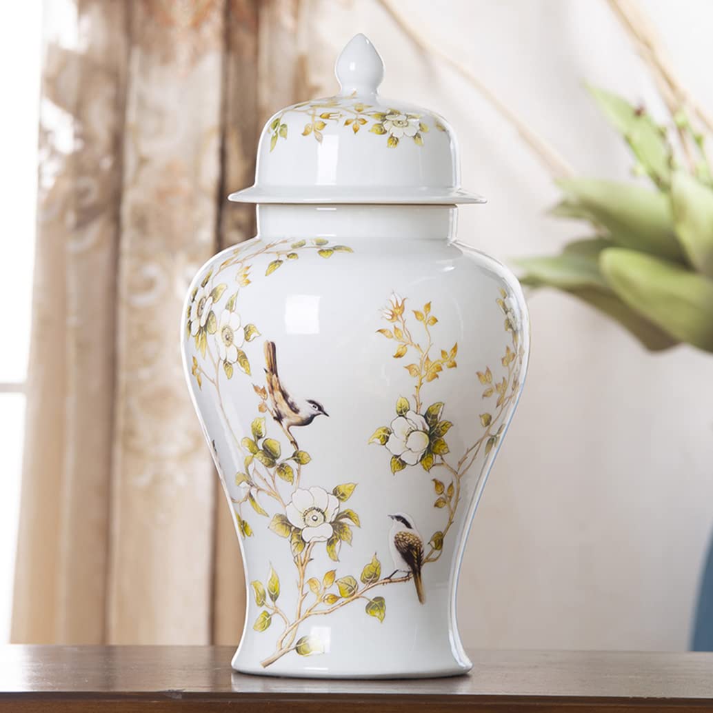 ZHOUXIAO White Ceramic Ginger Jar with Lid for Home Decor,Traditional Chinese Flowers and Birds Temple Jar, Jingdezhen Handcrafted Porcelain Vase Centerpiece Decor M