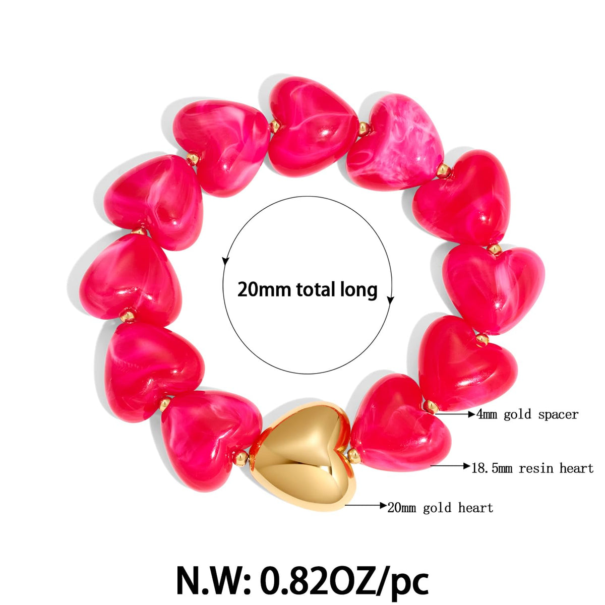 FAUTHENTICUTE Hot Pink Bead Strand Bracelet for Women Boho Fuchsia Red Beaded Statement Bracelet With A Puffy Heart Charm Chunky Stretch Bracelets For Summer Vacation Beach Jewelry Gift