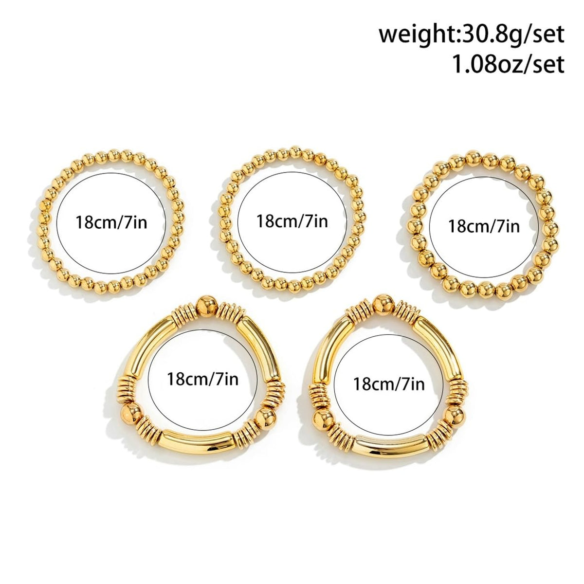 LXSSLY 5Pcs Gold Bangles Bracelets Set for Women,14K Gold Plated Stackable Bead Ball Bracelets Set,Adjustable Bead Bracelets,Boho Stretch Bead Ball Bracelet for Women, 7 in