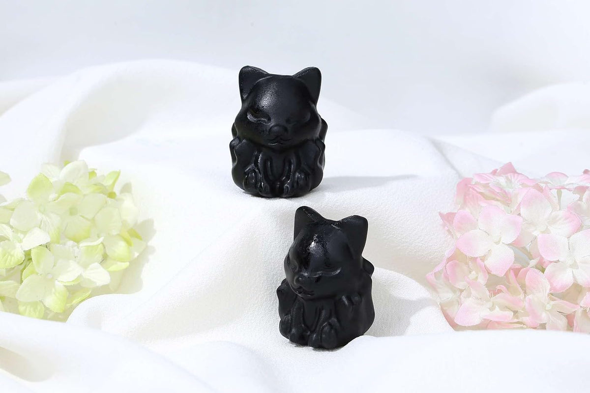 LAIDANLA 2" Matt Obsidian Fox Figurine Healing Crystals Black Fox Statue Hand Carved Natural Gemstone Polished Reiki Spiritual Pocket Animal Sculpture Home Office Room Desk Decor