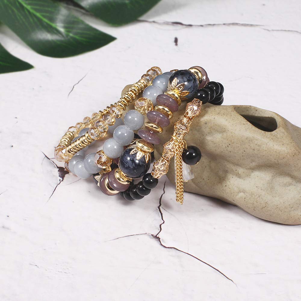LOTSOF Bohemian Green Jade Stackable Bracelet Set - 4-Layer Stretch Beaded Bracelets with Gold Accents, Boho Jewelry for Women, Fashion Statement Accessory (Gift Ready) (Black)