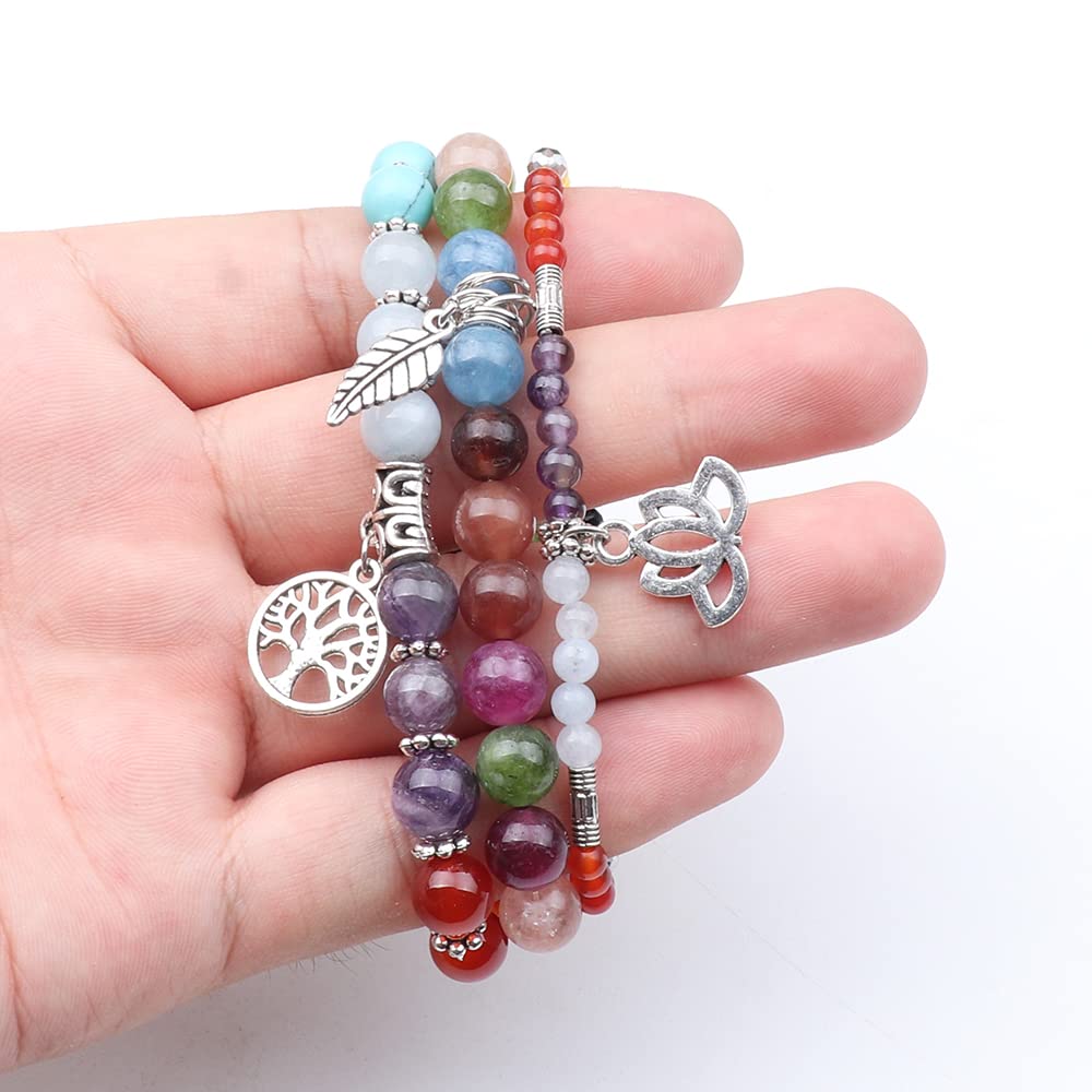 UEUC Natural Gemstone Chakra Bracelets for Women, Multilayer Tree of Life Lotus Crystal Healing Stone Bracelet Sets, Yoga Meditation Reiki Relax Bracelets for Stress Relief(#122)