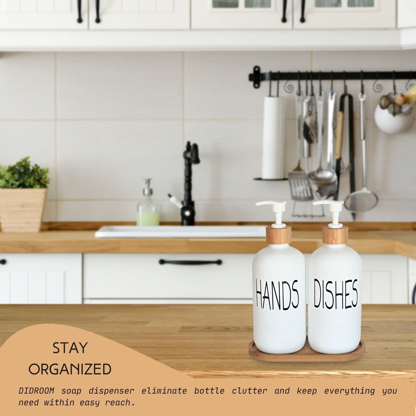 Glass Soap Dispenser Set - Hand Soap and Dish Soap Dispenser with Bamboo Tray. Vintage Soap Dispenser with Pump for KitchenKitchen Drain Outlet and Bathroom. Stylish Permanent Labels (Matte White)