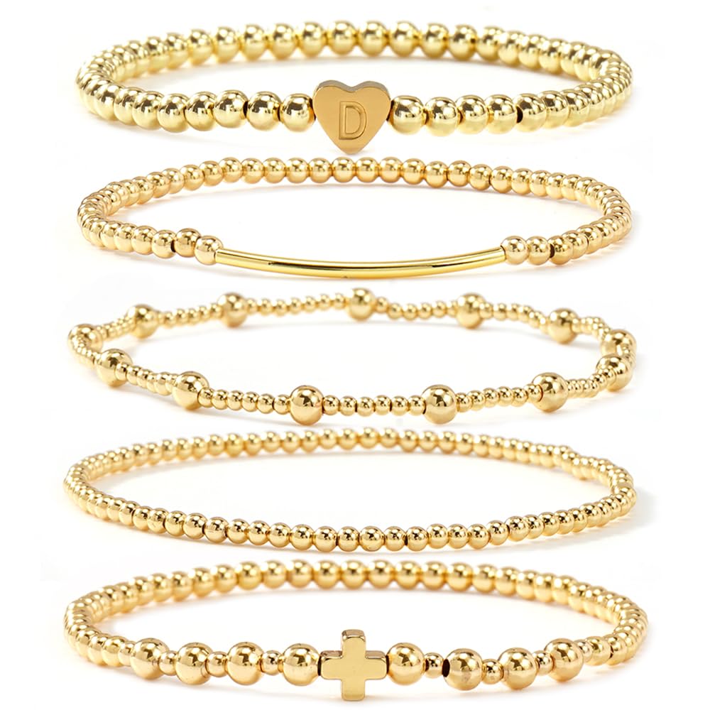 14K Gold Cross Beaded Initial Bracelet Stack for Women,Dainty Stretch Gold Plated Letter “D” Stackable Bracelets Bohemian Layered Prom Party Accessories Jewelry Gift Friendship