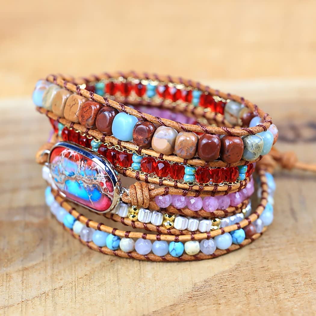 ZOSOJONA Women Wrap Bracelet Boho Natural Jasper Crystal Stone Beads Strand Bracelets (Emperor Stone)