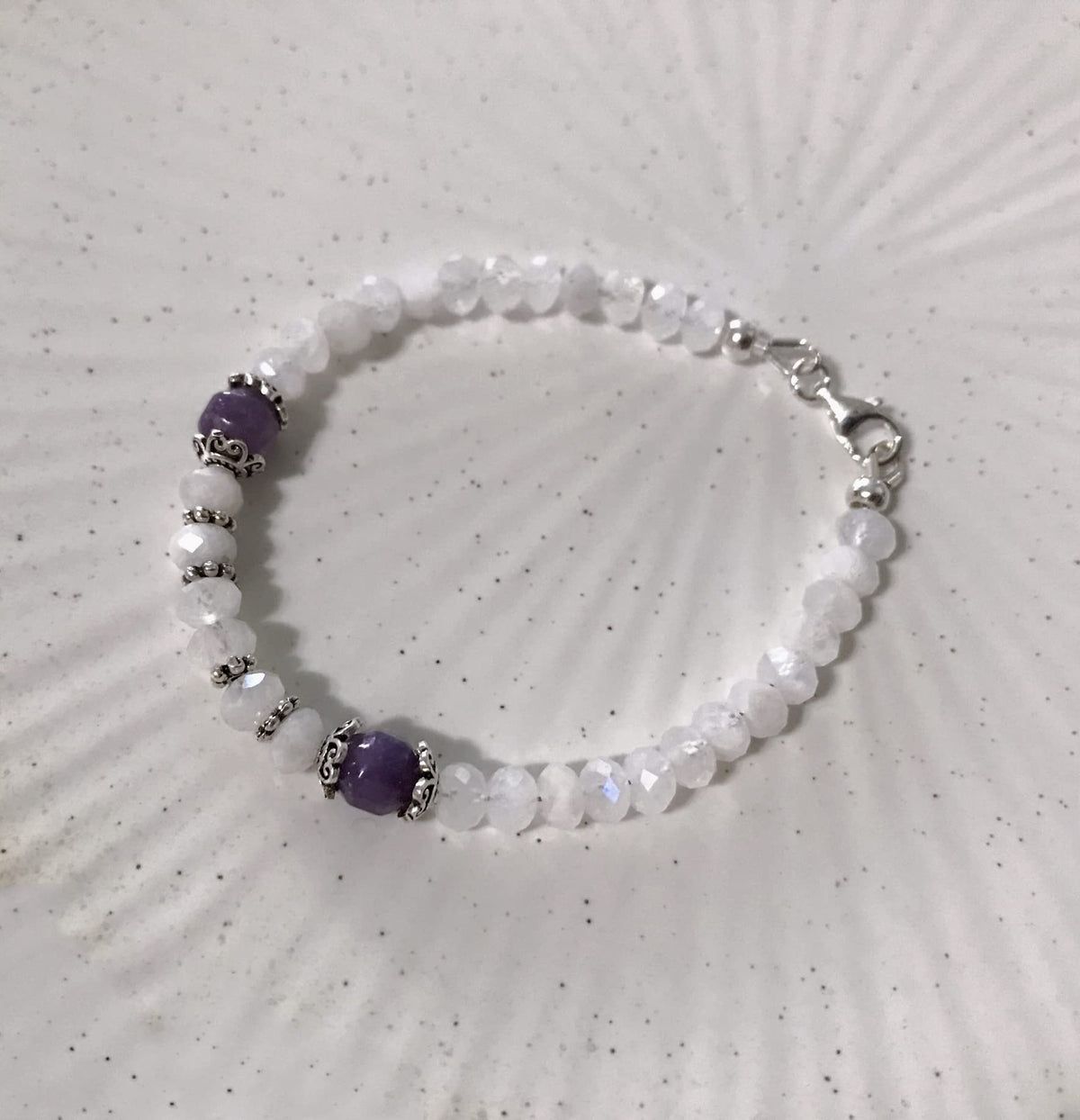 Customized 5mm Faceted Moonstone and Phosphosiderite Bracelet. Sterling Silver Accent Beads. New Beginning-Emotional Balance.