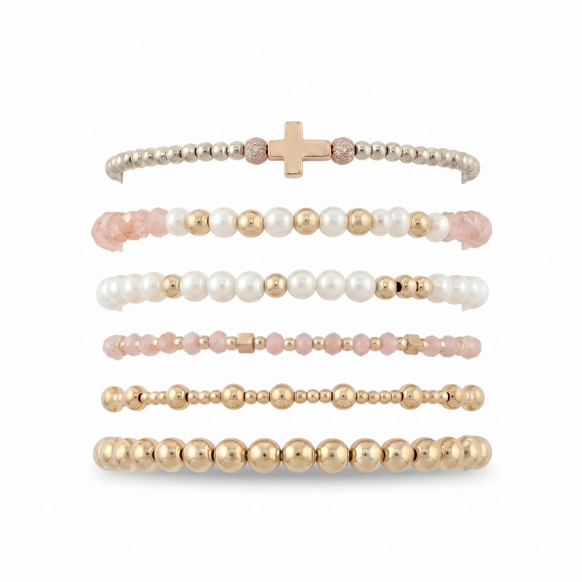 NoctisNest 6 Pcs Layered Cross Bracelet for Women, Pink Gold Stackable Pearl Beaded Bracelets for Her Mom Girlfriend, Dainty 14K Gold Plated Bracelet Set for Mothers Day Gifts