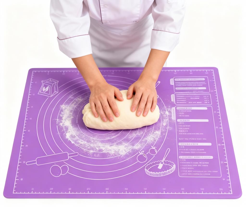Large Silicone Pastry Mat, Purple, 23.6 x 18.3 inches, Non-Stick Baking and Kneading Mat with Measurements