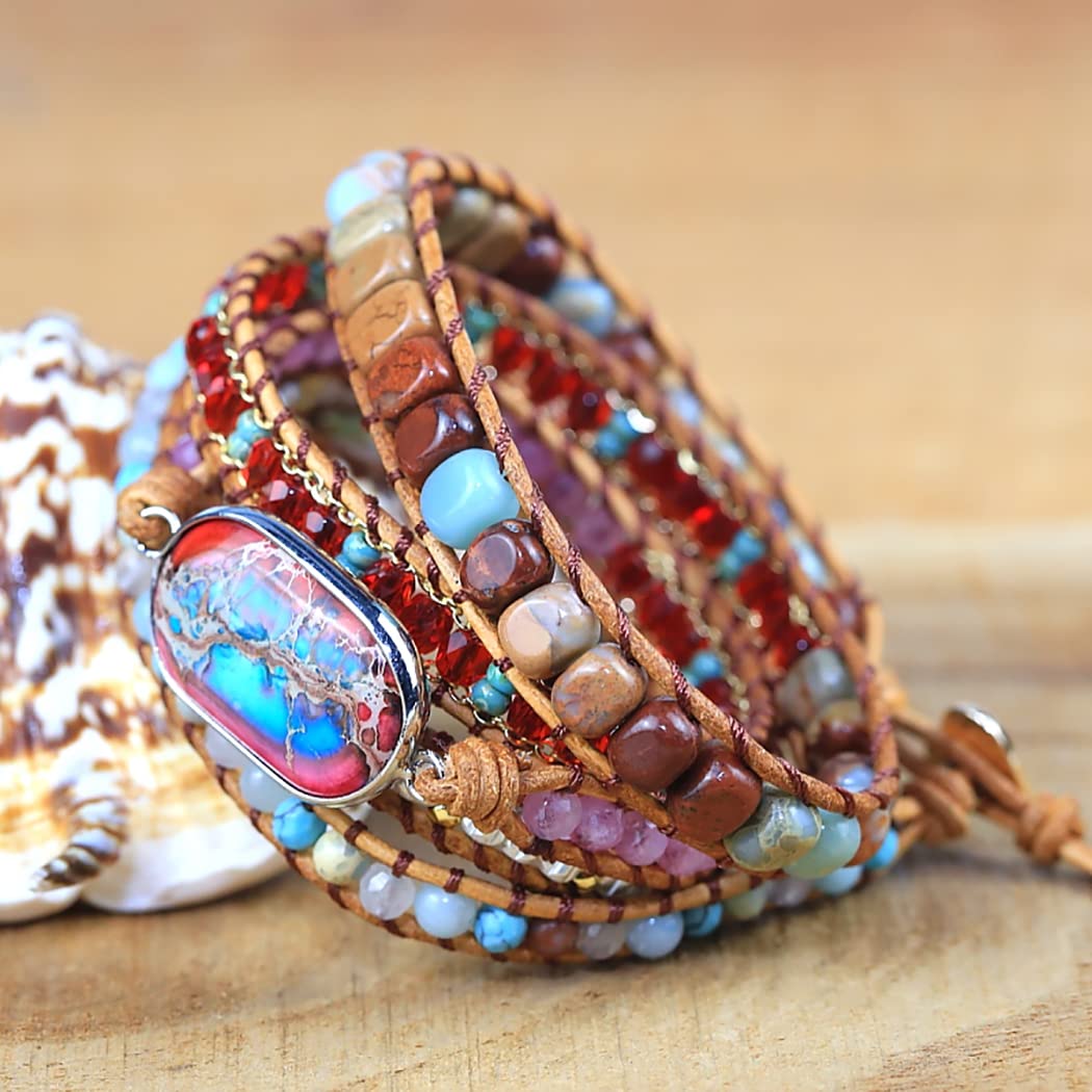 ZOSOJONA Women Wrap Bracelet Boho Natural Jasper Crystal Stone Beads Strand Bracelets (Emperor Stone)