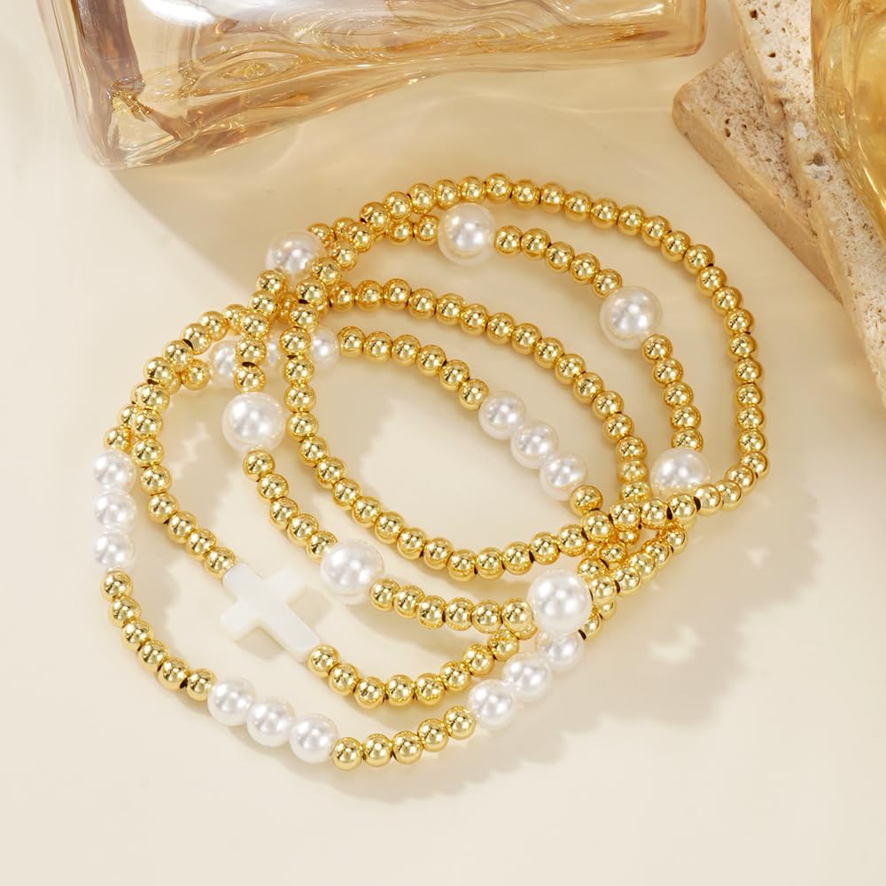 Bohxantium Stackable Gold Beaded Bracelets for Women - Stretch 14K Gold Beads Boho Pearl Cross Bracelet Stack Non Tarnish Trendy Jewelry Set Friendship Christian Gift for Women