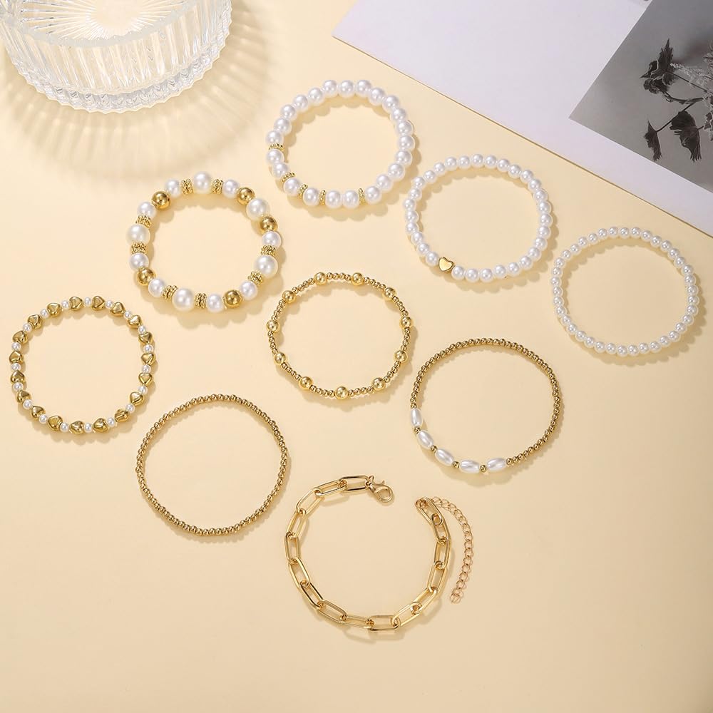KZL Chunky Imitation Pearl Stackable Stretch Bracelet Set for Women 14K Gold Plated Beaded Stack Bracelets Layered Pearl Elastic Bracelets Wedding Jewelry Gifts-Style 1