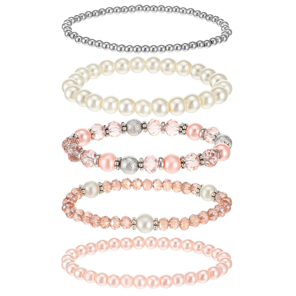 DIVINA VITAE 5 Pcs Beaded Stretch Bracelets Pink Stackable Bracelets Boho Beaded Bracelet Stretch Layering Crystal Stone Bead Bracelet Trendy Costume Jewelry Gifts for Women